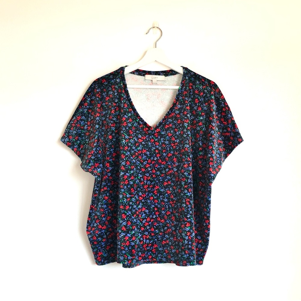 LOFT Boxy Relaxed Blouse Blue and Red Short Sleeve